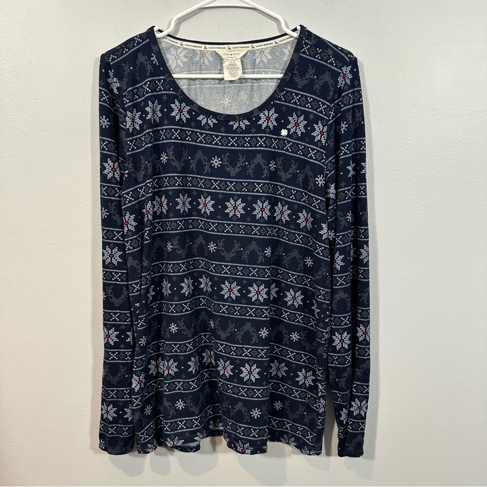 Lucky Brand Navy Snowflake Long Sleeve Top
